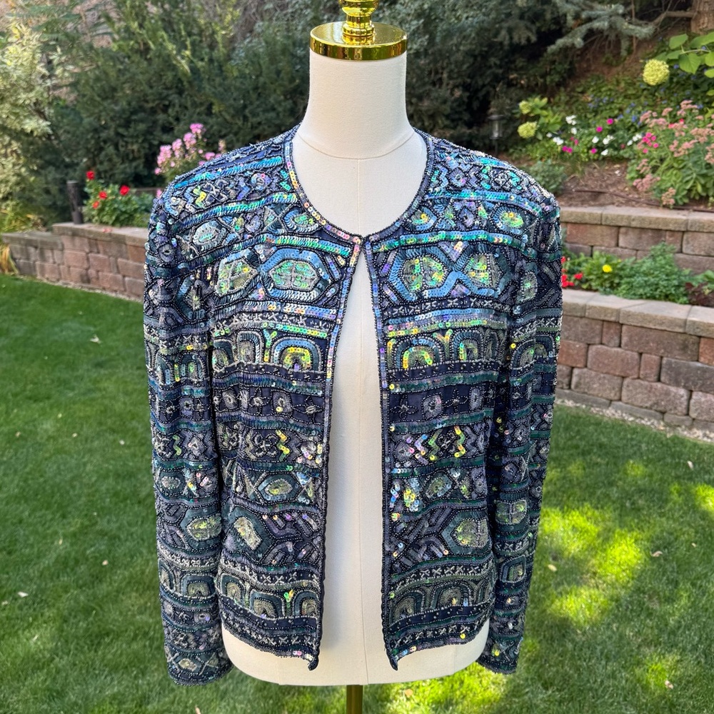 Vintage 1990’s Adrianna Papell Blue and Green Sequin Blazer Women’s Large